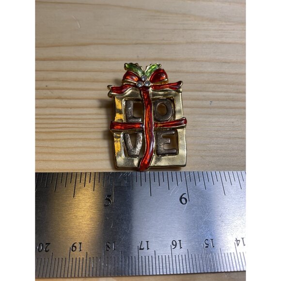 Gold-Tone "Love" Gift Box Pin Brooch With Red & Green Enamel Accents - Picture 2 of 4